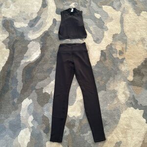 Alo waffle knit in black leggings and top with built in bralette